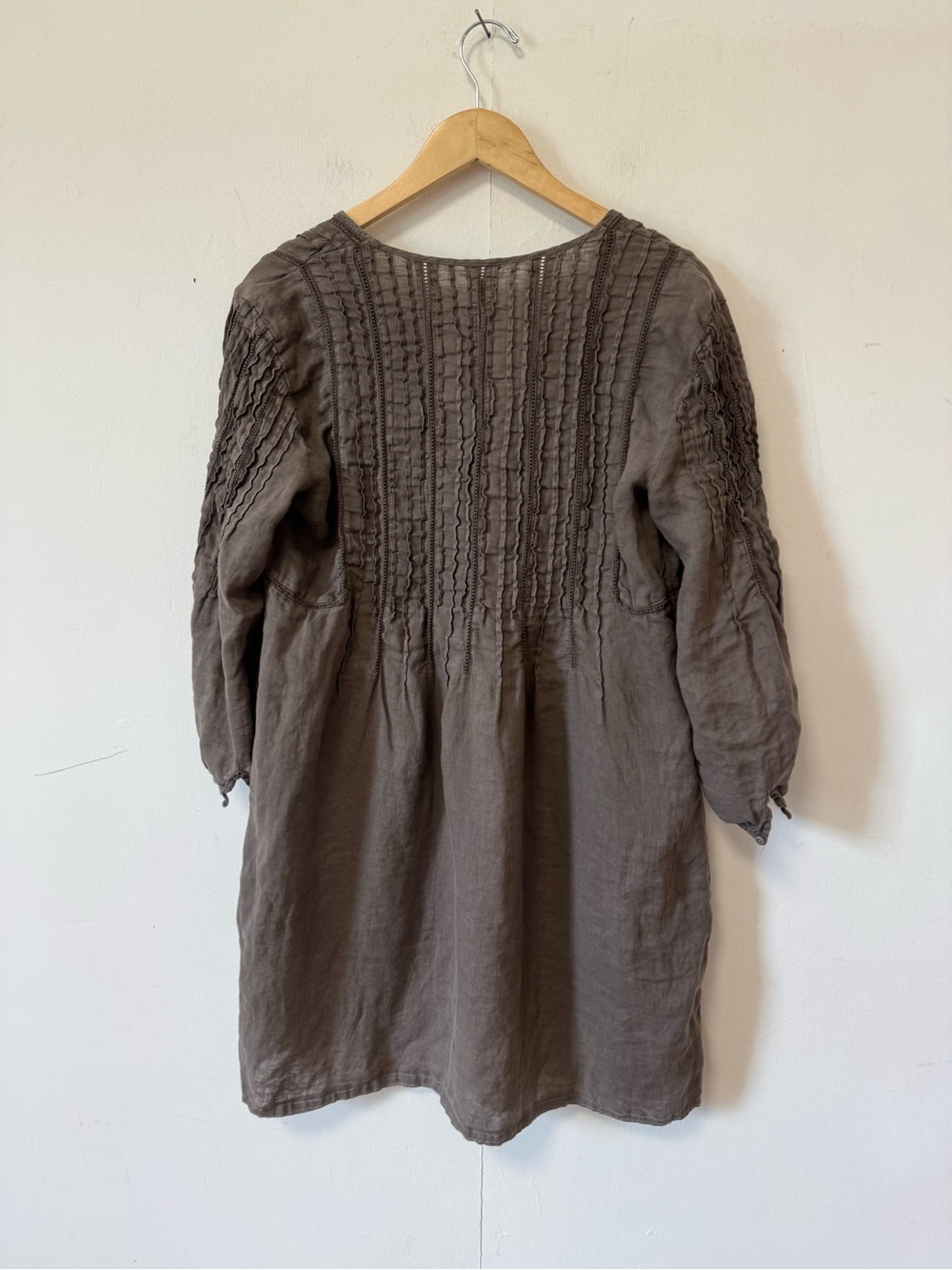 120% Lino Linen Tunic Top Coastal Taupe Pleated Long Blouse XL READ - Picture 2 of 10